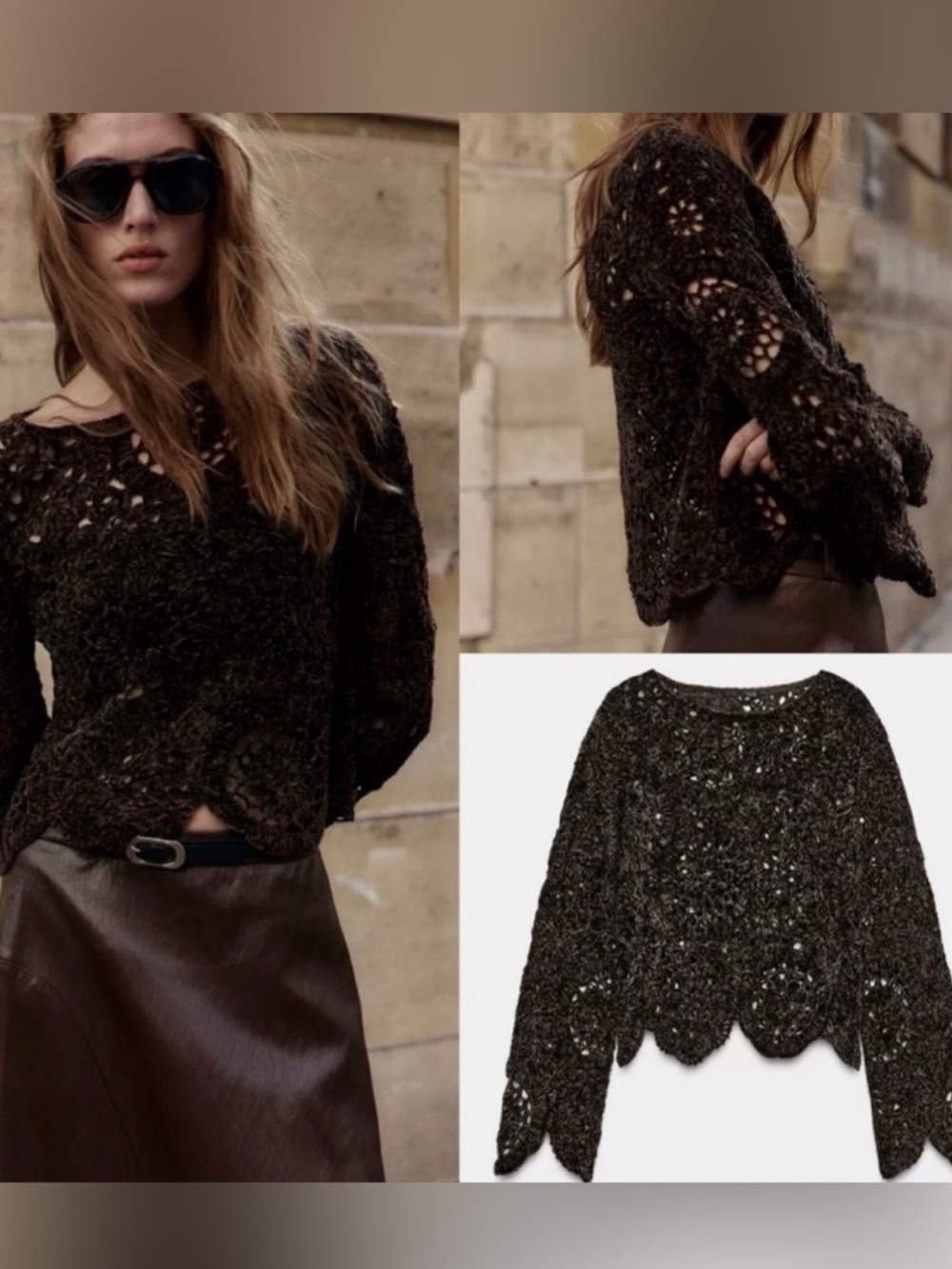 Zara Black Openwork Crochet Knit Sweater